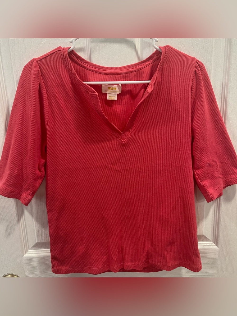 Maeve Anthropologie Women's Pink Ribbed Knit Split Neck 3/4 Sleeve Top Sz Medium